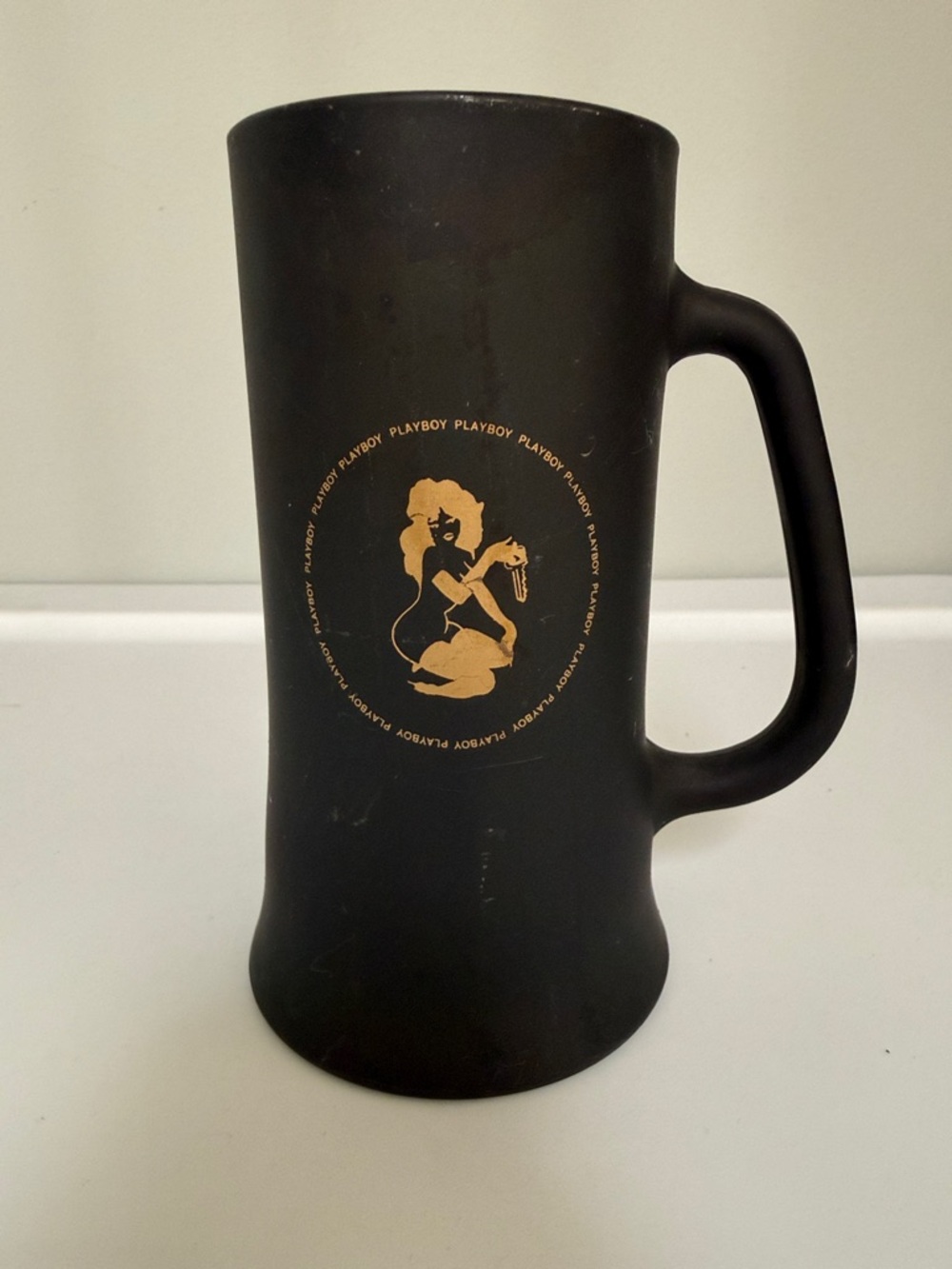 PLAYBOY Black Painted Glass Mug with Gold Bunny Silhouette